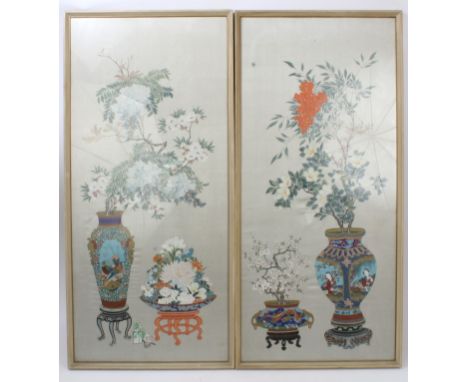 Chinese School, early 20th century - pair of watercolour paintings on silk, each depicting ornate cloisonné enamel vases with