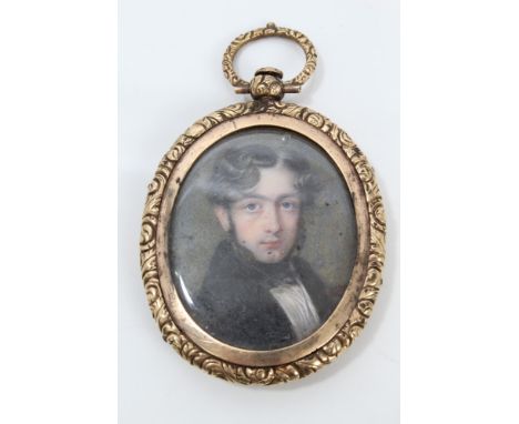 English School, circa 1830, miniature portrait on ivory of a gentleman in black coat and handkerchief, indistinctly signed an