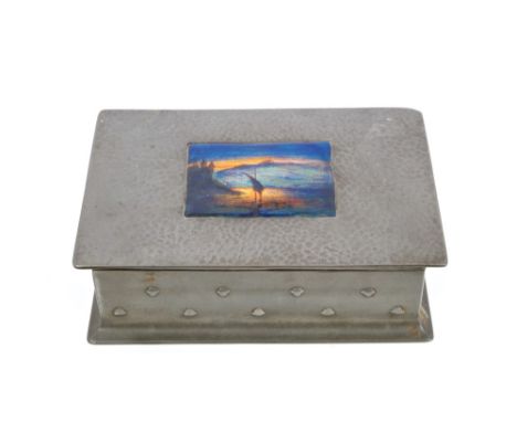 Fine Tudric Liberty & Co. pewter cigarette box of rectangular form, with enamelled panel to lid decorated with a sailing ship