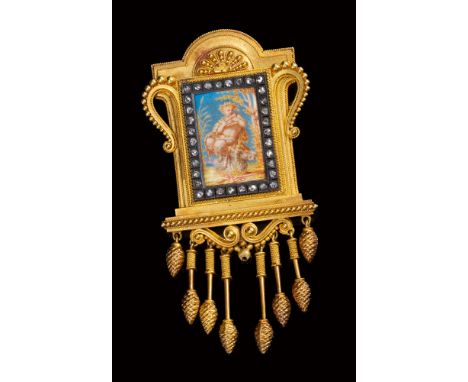 Fine quality Victorian Classical Revival brooch, in the manner of Castellani and Giuliano, with a polychrome enamel plaque de