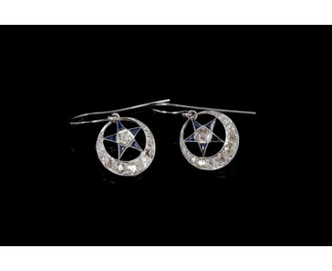 Pair 1920s sapphire and diamond earrings, each with a crescent moon encircling a star, set with old cut diamonds in millegrai