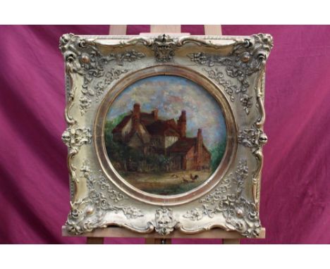 Victorian English School oil on canvas - figure leaning on a gate beside a farmhouse, tondo, in tilt frame, 30cm diameter