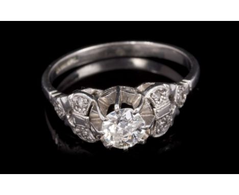 1930s Art Deco diamond single stone ring with an old cut diamond estimated to weigh approximately 0.40 carats, with platinum 