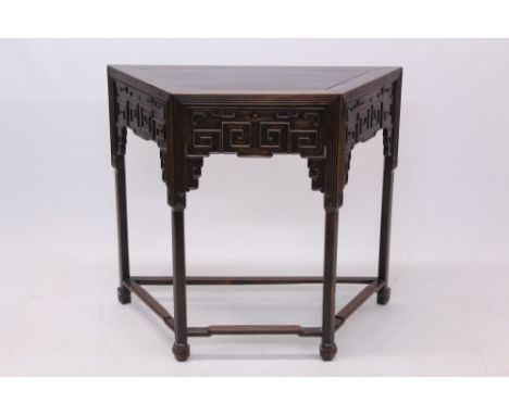 Good late 19th / early 20th century Chinese padouk altar table of traditional form, the relief knotwood carved frieze with fl