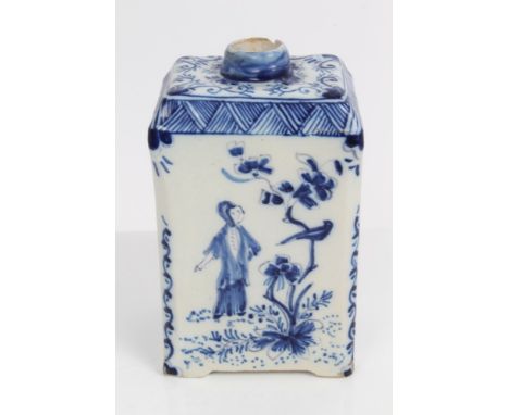 18th / 19th century French faience blue and white tea caddy of octagonal form, with painted Chinese-style figure, bird in tre