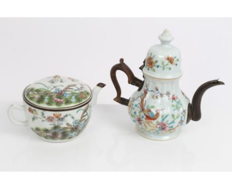 18th century Chinese export famille rose coffee pot - probably Dutch market with white metal spout, fruitwood handle with whi