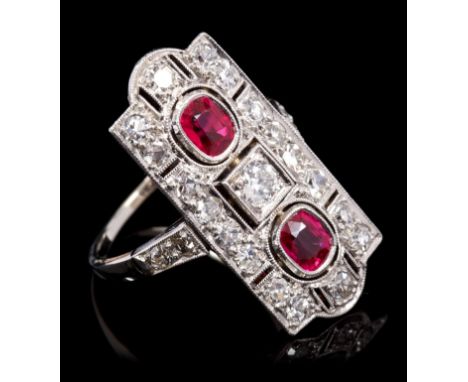 Art Deco synthetic ruby and diamond cocktail ring, the rectangular openwork plaque centred with an old cut diamond flanked by