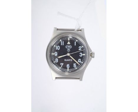CWC Military wristwatch, with quartz movement, black dial with luminescent hour markers, in steel case, the back with broad a