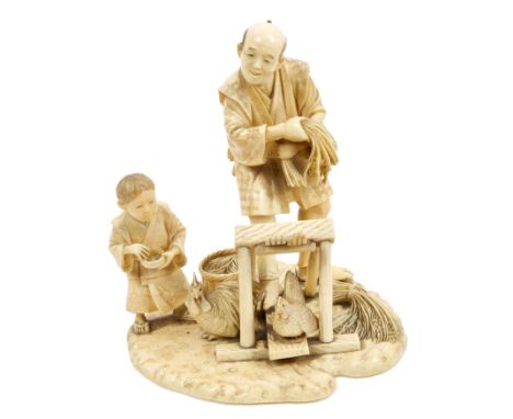 Fine late 19th century Japanese carved ivory okimono in the form of a farmer and child, with chickens and corn, on naturalist