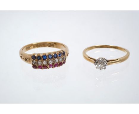 Victorian gold (18ct) diamond, ruby and sapphire triple row dress ring (Chester 1895).  Ring size L½ and a diamond single sto