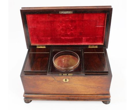 William IV rosewood tea caddy of rectangular form with central sugar bowl flanked by two tea boxes, on bun feet, 35cm