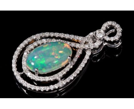 Opal and diamond pendant, the oval cabochon opal surrounded by an openwork border of brilliant cut diamonds in 14ct white gol