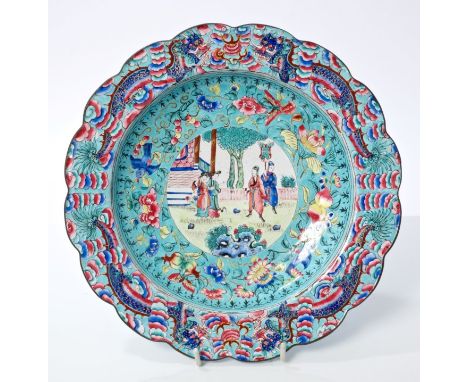 Late 18th / early 19th century Canton enamel petal-shaped plate - finely painted with courting figures within floral, bird an