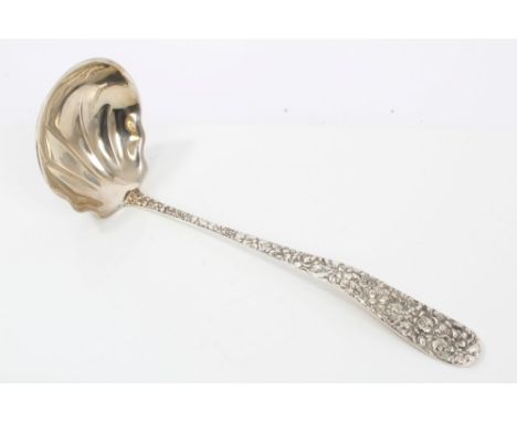 Early 20th century American Baltimore Sterling Silver Company Rose pattern soup ladle with shell bowl and chased floral stem 