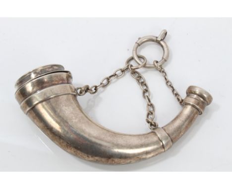 Victorian silver vinaigrette in the form of a hunting horn, with suspension chains and hinged cover, opening to reveal a hing