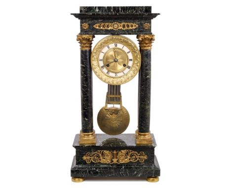 19th century four-pillar mantel clock with French eight day movement, with outside countwheel, striking on a bell, brass dial