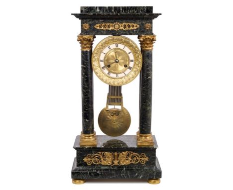 19th century four-pillar mantel clock with French eight day movement, with outside countwheel, striking on a bell, brass dial