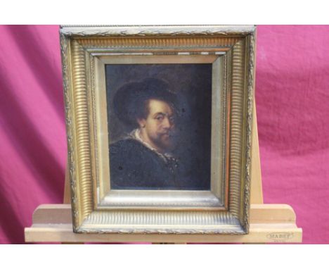 After Van Dyck, 19th century oil on board - portrait of a gentleman in hat, in gilt frame, 23cm x 18cm