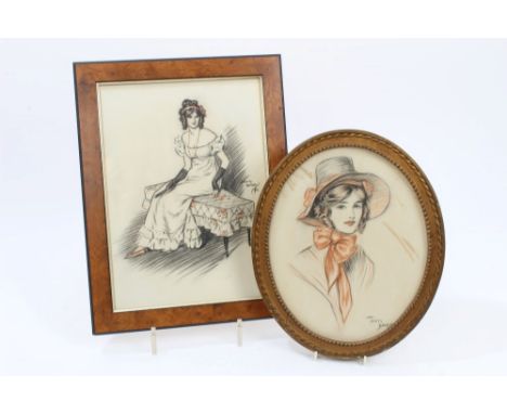 Lewis Baumer (1870 - 1963), charcoal and coloured pencil drawing of a seated lady, signed and dated '12, 33cm x 24cm, togethe