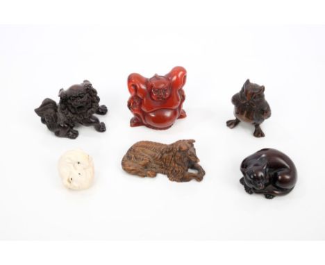 Collection of five 19th / early 20th century netsukes - to include carved ivory pair of tumbling rats, carved hardwood Dog of