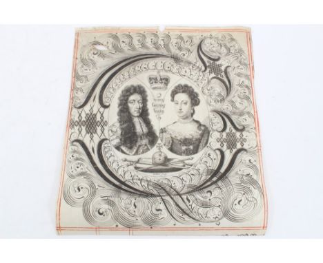 Late 17th century portrait of William and Mary printed on vellum - the corner of an official State document, 27.5cm x 23cm