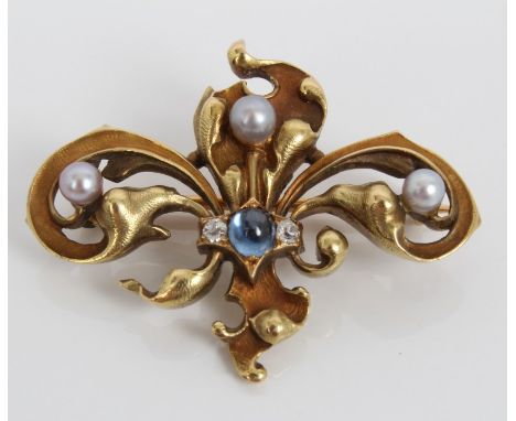 Good quality Art Nouveau French gold pearl, sapphire and diamond brooch in the form of a fleur-de-lys, with stylised foliate 