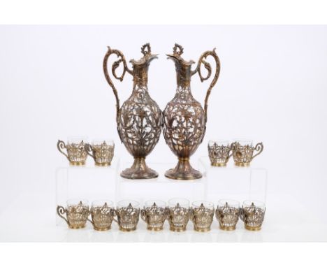 Pair 19th century French decanter jugs with overlaid silver gilt neoclassical floral and foliate decoration, engraved monogra