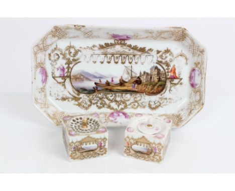 19th century German porcelain canted rectangular inkstand in the Meissen style, with a square inkwell and a sander, painted i