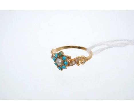 Victorian turquoise and seed pearl forget-me-not ring, the flower-head cluster with further seed pearls to the shoulders.  Ri