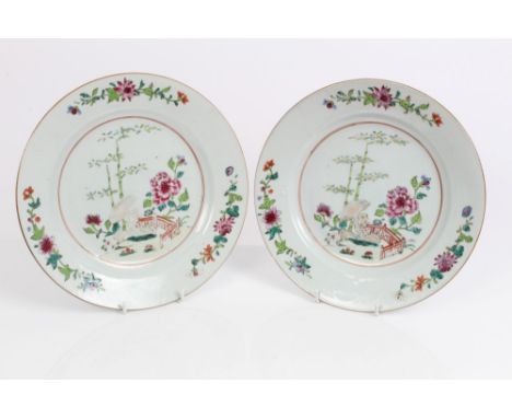 Pair 18th century Chinese export famille rose plates with floral and fence decoration, 23cm CONDITION REPORT One plate has sm