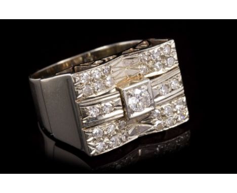 Art Deco-style white gold and diamond set ring with central brilliant cut diamond flanked by pavé set single cut diamonds.  R