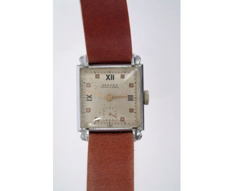 1940s gentlemen's Hermes wristwatch in square chrome plated case with gilt and silvered dial and fancy lugs, on leather strap