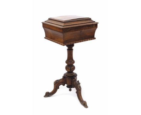 William IV rosewood teapoy, the rectangular stepped caddy enclosing twin-lidded canisters, on knopped column and carved tripo