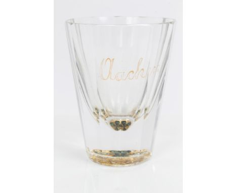 Scarce late 19th century German Zuischengoldglas facet cut glass beaker with enamel four-leaf clover set in base and gilt tit