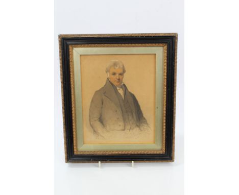N. M. Dougall (mid-19th century), miniature watercolour portrait on paper, half-length, depicting a gentleman seated in dark 