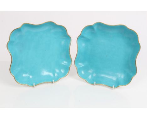 Pair of 18th century Worcester concave-sided square dishes decorated in the London atelier of James Giles, with a solid turqu