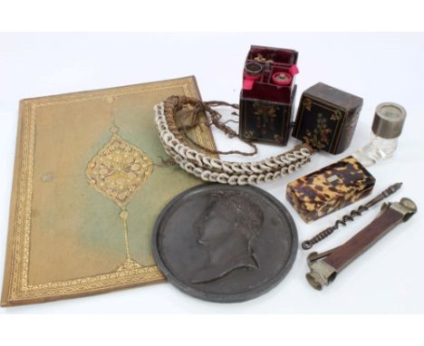 Assorted works of art - to include 19th century bronzed plaque commemorating Napoleon, signed - F. Andrieu, tortoiseshell box