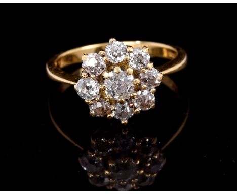 Diamond cluster ring, the flower-head cluster comprising nine old cut diamonds estimated to weigh approximately 1.00 carats i