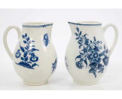 18th century Worcester ovoid milk jug with loop handle, printed in underglaze blue with the Three Flowers pattern, 4 inches h