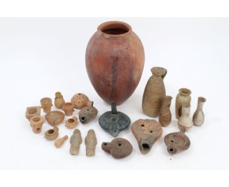 Good collection of Ancient Roman Egyptian and later ceramic vessels and artefacts - to include two Ushabti figures, five vari