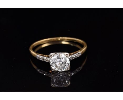 Diamond single stone ring, the old cut diamond estimated to weigh approximately 0.85 carats, in square four-claw setting with