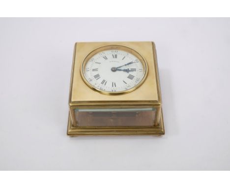 Unusual late 19th century table clock with square brass case, horizontal white enamel dial, signed - F. Winter, bevelled glaz