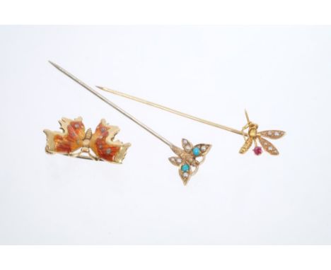 Gold (18ct) and enamel butterfly brooch and two Victorian stick pins - one in the form of an insect / wasp and the other in t