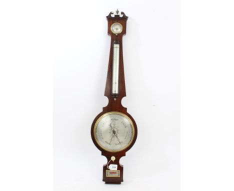 Regency banjo-shaped barometer / thermometer, signed - P. & P. Gally & Co. London, with silvered dials in rosewood case with 