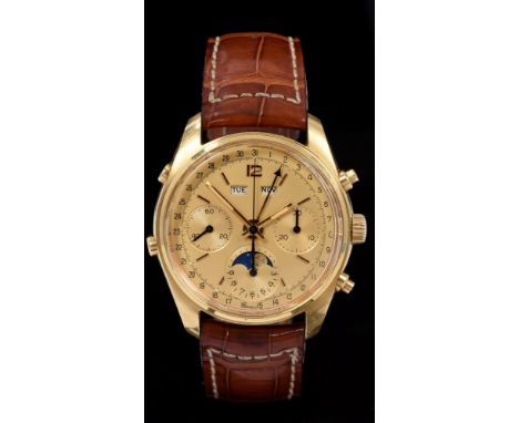 Gentlemen's gold Chronograph Calendar wristwatch, the circular gold dial with moonphase, day, date and month apertures, stopw