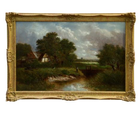 Joseph Thors (act. 1863 - 1900), oil on canvas - The Sluicegate, possibly Dedham, signed, in gilt frame, 60cm x 90cm CONDITIO