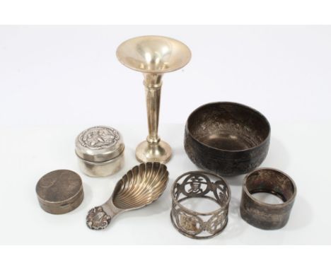 Selection of miscellaneous 20th century silver and white metal - including two circular boxes, small trumpet vase, napkin rin