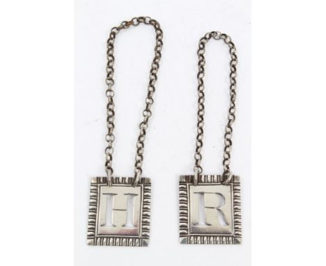 Pair George III silver decanter labels of square form, with gadrooned borders and suspension chains, pierced R. & H. (London 