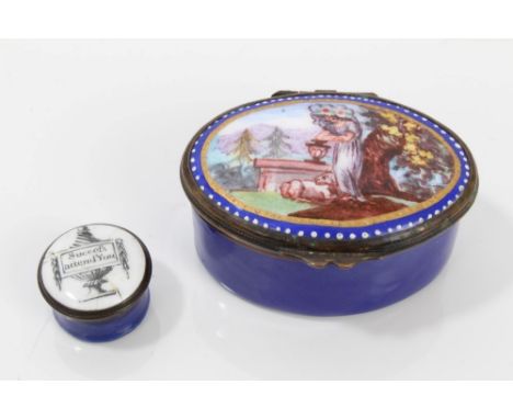 18th century enamel circular patch box decorated with urn 'Sucecfs attend you', 2cm and oval enamel snuff box decorated with 