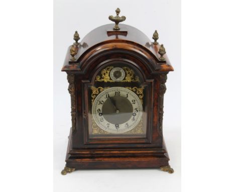 Late 19th century German chiming bracket clock with silvered and gilt arched dial, eight day movement chiming on gongs, in or